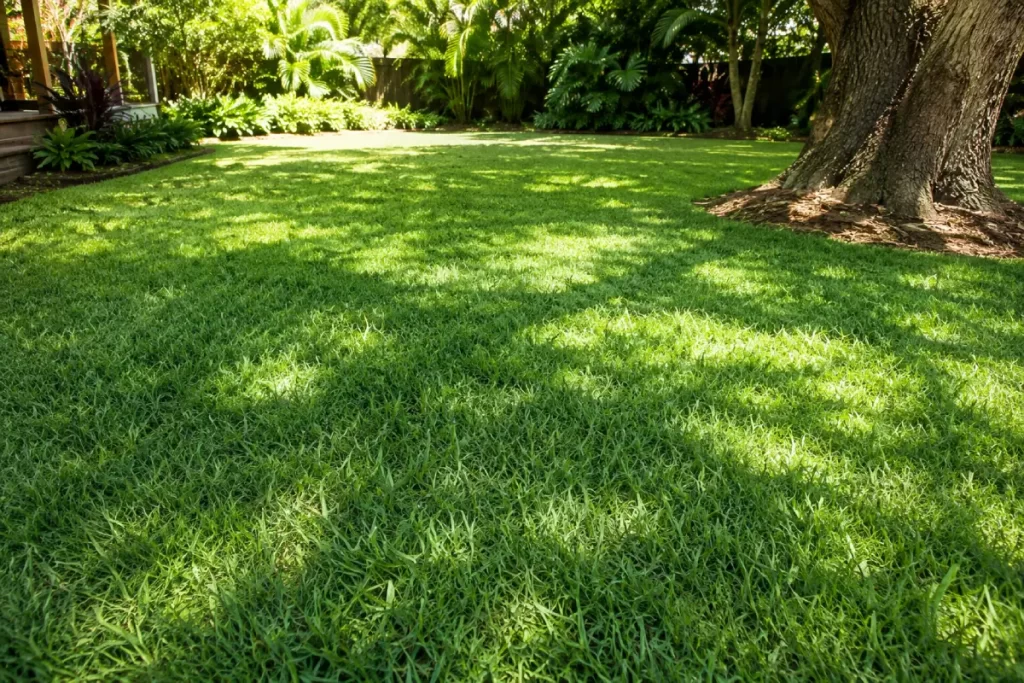 Soft leaf buffalo lawn thriving in dappled shade under a mature tree