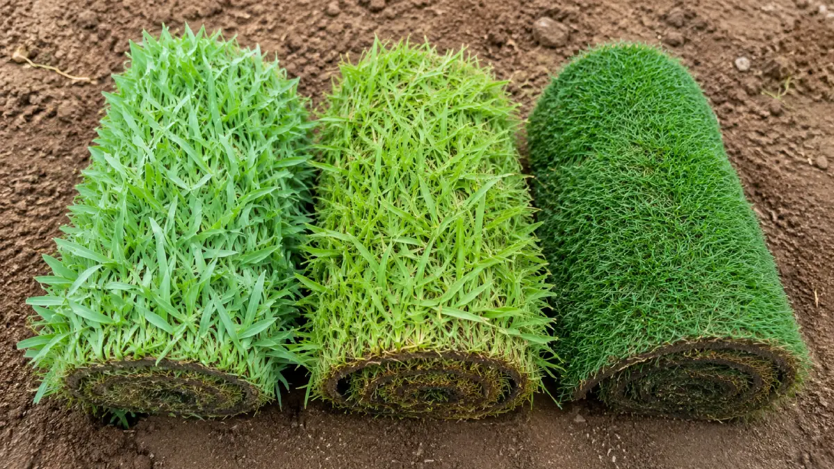 Buffalo, kikuyu and couch turf rolls side by side showing the difference in leaf width