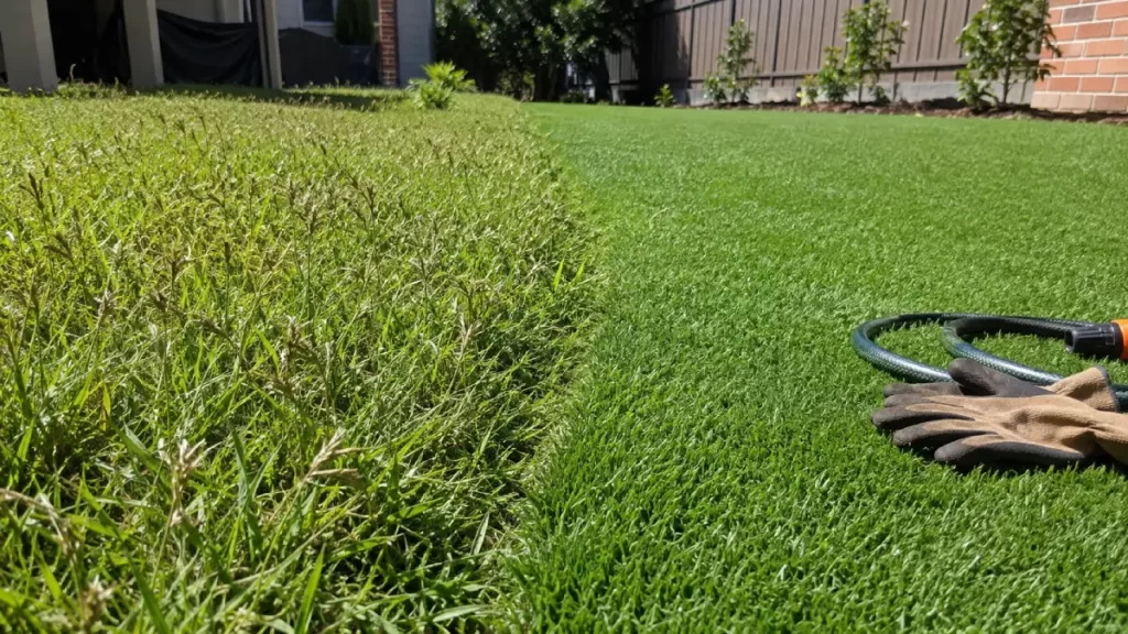 Side by side comparison of budget kikuyu turf and premium soft leaf buffalo turf on a Sydney lawn