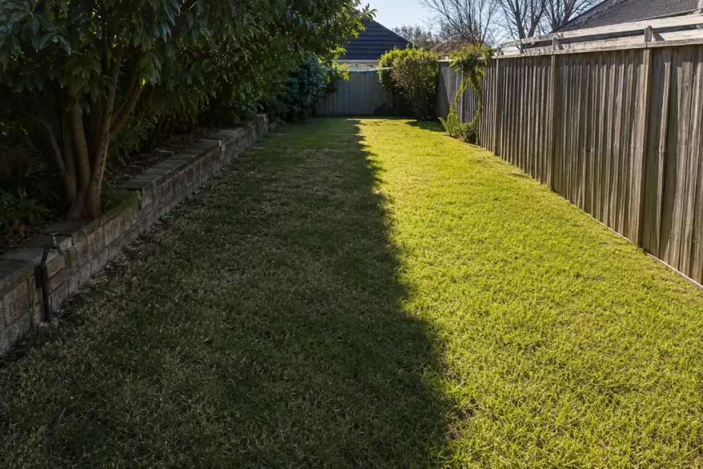 Shaded Sydney side yard in winter showing low winter sun angle across a lawn
