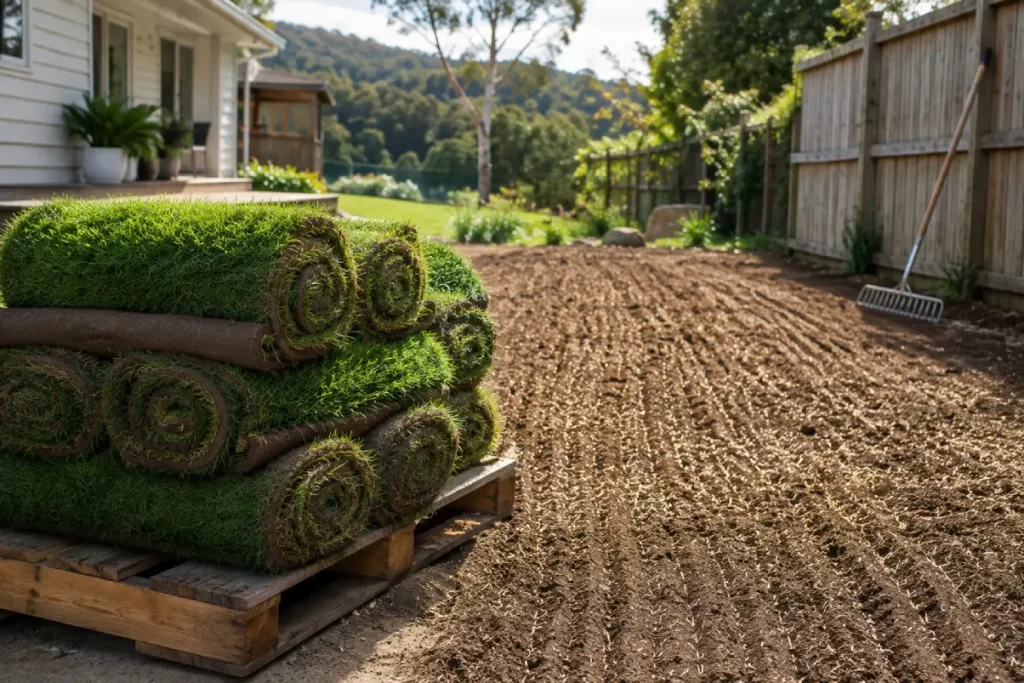 Instant turf rolls stacked beside a bare, raked seedbed in the same Sydney backyard
